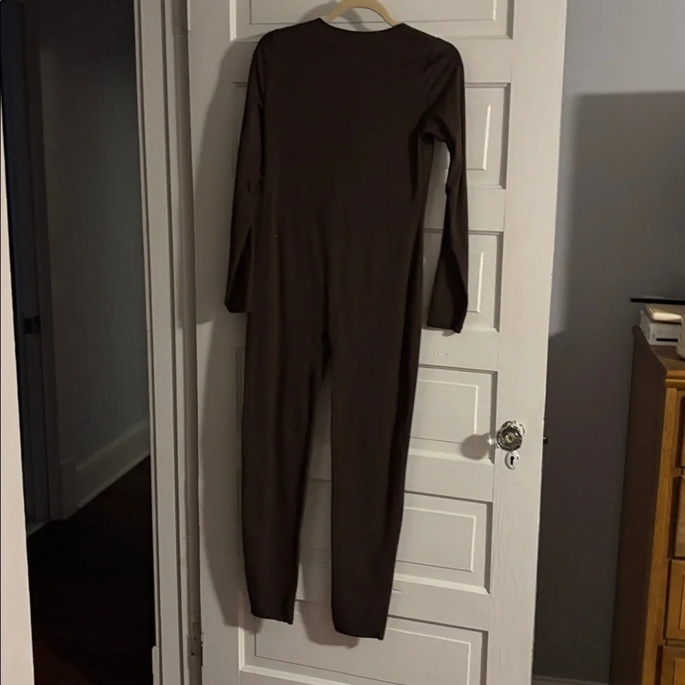 Pumiey Brown Long Sleeve Spandex Jumpsuit